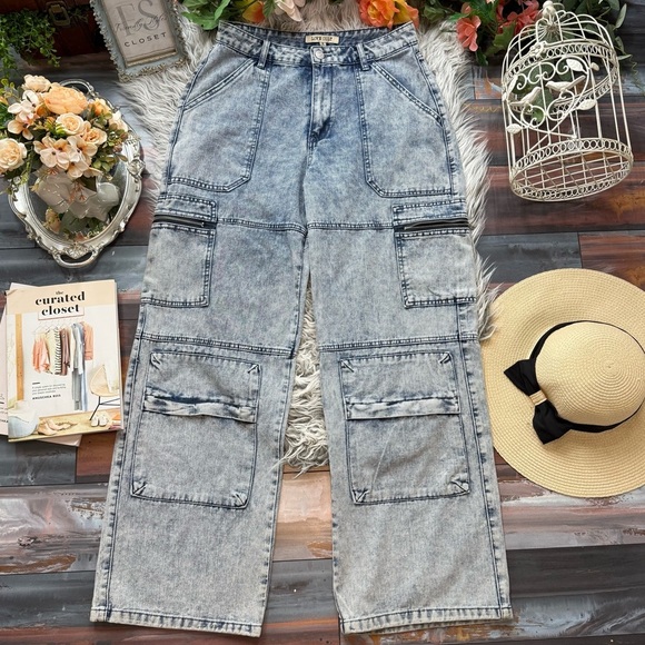 Love Cult Acid Wash Denim Utility Cargo Jeans - Picture 1 of 8